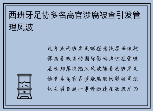 西班牙足协多名高官涉腐被查引发管理风波 西班牙足协多名高官涉腐被查引发管理风波